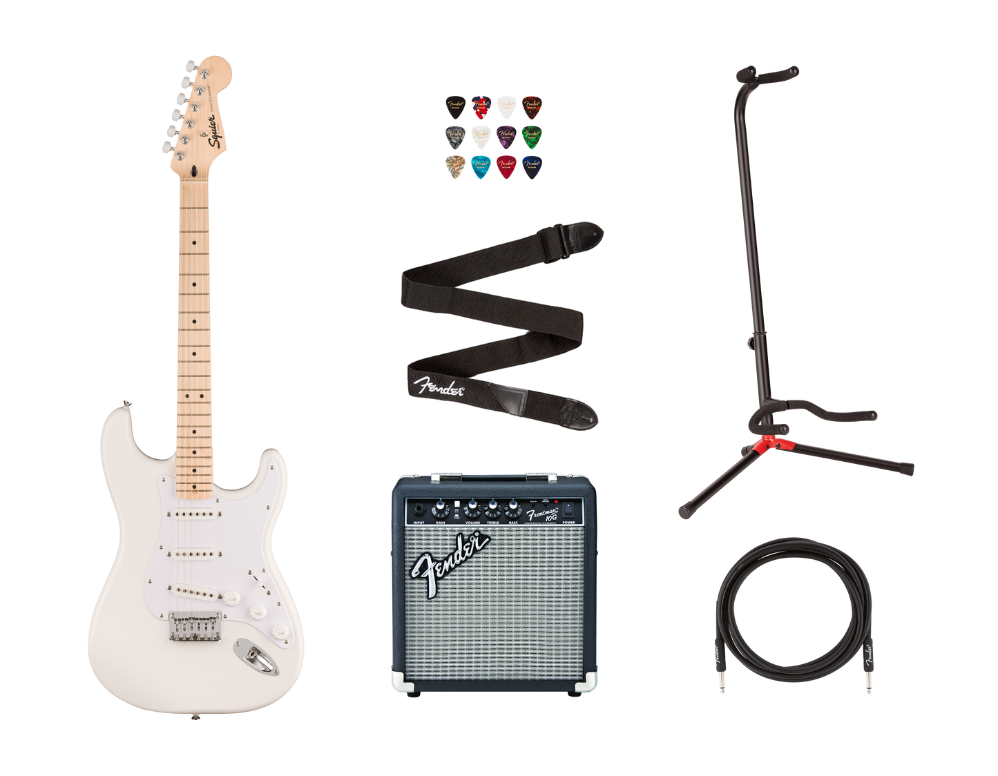 Paket med Squier Sonic Stratocaster HT, vit