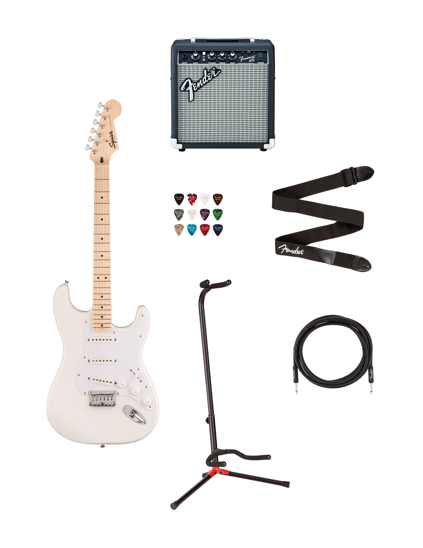 Paket med Squier Sonic Stratocaster HT, vit